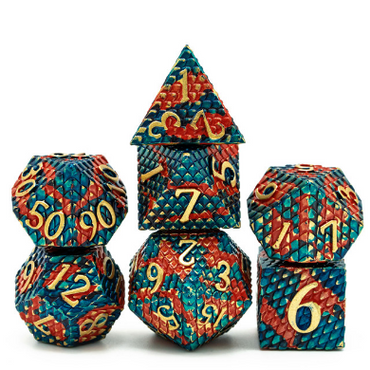 Metal RPG Dice Set: Dragon Scale - Blue Fire