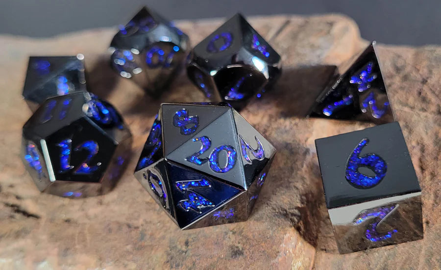 Metal RPG Dice Set: Forged Lore - Gunmetal/Blue