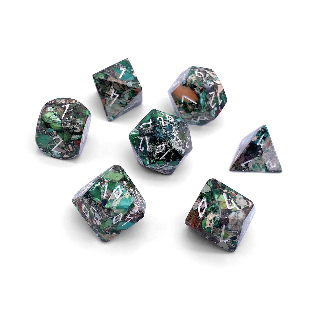 Gemstone Dice: Pyrite Green Imperial Jasper Trustone