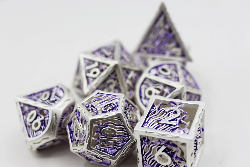 Seascape: Silver and Purple Hollow Metal RPG Dice Set