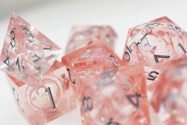 Pink Liquid Core Sharp Edge Resin RPG Dice Set