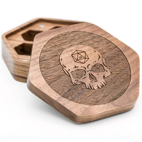 Walnut Hexagon Wooden Dice Box with Skull