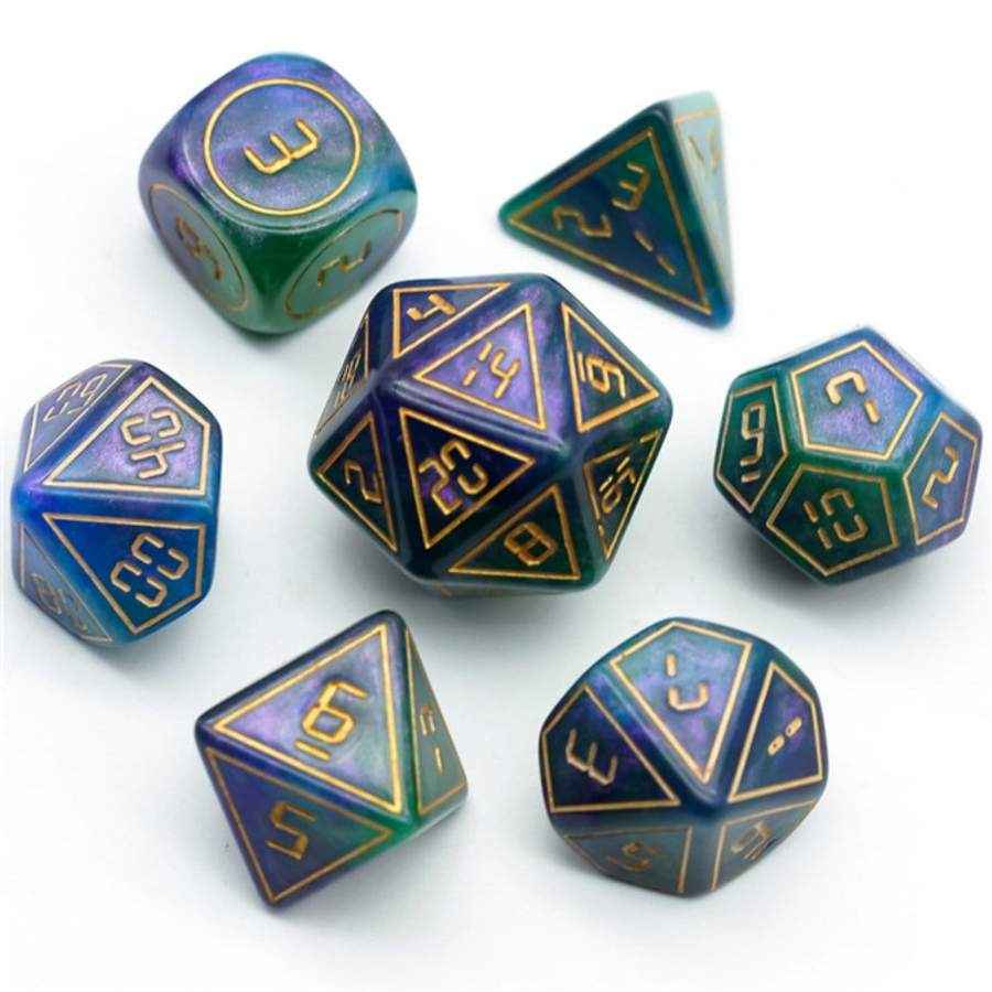 Cybernated Purple & Green RPG Dice Set