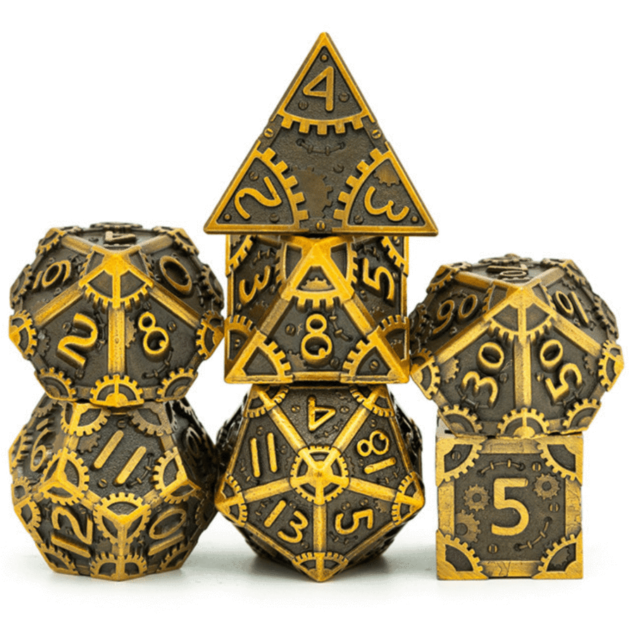 Steampunk Metal RPG Dice Set: Antique Gold