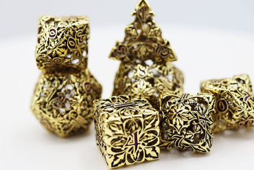 Fleur de Lis: Gilded Amethyst Hollow Metal RPG Dice Set