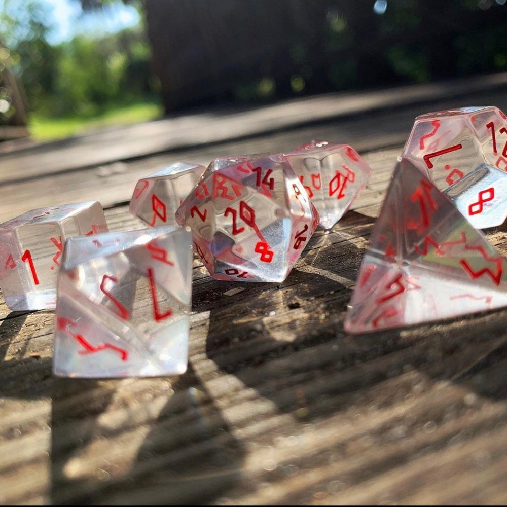 Gemstone Dice: Clear Crystal w/ Red Font